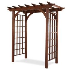 an outdoor wooden arbor with lattices on the sides and top, against a white background