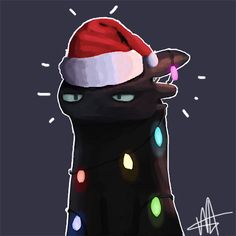 a black cat wearing a santa hat with christmas lights