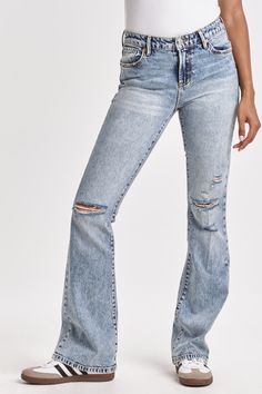 High rise bootcut jeans. lively fit that rests just below the waistline, offering a slender silhouette through the hips and thighs. Full inseam on rigid (non-stretch) denim accented with hand sanding whiskers, random tears & abrasions, knee destructions, tailor pressed seam lines, bootcut hem for the chic look.9 1/2" Front Rise (include waistband), 19" Leg Opening, 33" inseam (Size 27) 100% COTTON Machine wash cold, Tumble dry low Imported Zip fly and button closure Five-pocket style High Rise Bootcut Jeans, Bootcut Jean, Dear John, The Chic, Bootcut Jeans, Stretch Denim, Effortless Style, Perfect Pair, High Rise