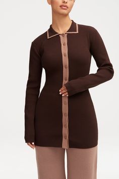 Jenny Ribbed Knit Contrast Trim Top Clothing Veiled Fitted Top With Contrast Collar For Fall, Fitted Brown Collared Sweater, Elegant Button-up Ribbed Sweater, Elegant Ribbed Button-up Sweater, Elegant Collared Cardigan For Layering, Fitted Brown Sweater With Button Closure, Brown Fitted Sweater With Button Closure, Fitted Button-up Cardigan With Ribbed Collar, Fitted Button-up Sweater With Ribbed Cuffs