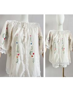 Cute vintage floral top from the 70s Made from a white cotton mixed material with embroidered flowers The neck of the top is adjustable by tying it with two laces UK size: 12 (L) - US: 8 EU: 40 Armpit to armpit: 51 cm - 20,1" Waist: 60 cm - 23,6" Length: 65 cm - 25,6" Material: no label but feels like mix between cotton and something synthetic  In perfect condition This item has been washed and steamed so that there are no more odors. This item is vintage, which means 25 years or older. Small fl Bohemian Short Sleeve Lace Top For Spring, Bohemian Spring Lace Top With Short Sleeves, Bohemian Broderie Anglaise Lace Top For Summer, Bohemian Lace Top With Floral Print, Cream Floral Embroidered Summer Tops, Spring Vintage Lace Crochet Top, Summer Lace Blouse In Cottagecore Style, Spring Cotton Lace Blouse With Broderie Anglaise, White Cotton Lace Summer Tops