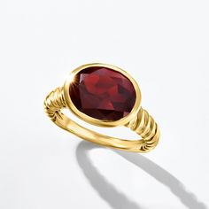 Ross-Simons - 5.00 Carat Oval Garnet Ring in 18kt Gold Over Sterling. Size 7. The wine-red hue of this 5.00 carat oval garnet has a rich look, bezel set on a chic twisted shank of polished 18kt yellow gold over sterling silver. 3/8" wide. Garnet ring. Garnet birthstones are the perfect gift for January birthdays. Luxury Oval Ruby Ring For Formal Occasions, Luxury Oval Ruby Ring With Polished Finish, Luxury Oval Yellow Gold Ruby Ring, Luxury Yellow Gold Oval Ruby Ring, Luxury Oval Ruby Ring In Yellow Gold, Elegant Faceted Ruby Ring In Yellow Gold, Formal Oval Cabochon Ruby Ring With Polished Finish, Elegant Faceted Ruby Ring For Formal Occasions, Elegant Yellow Gold Faceted Ruby Ring