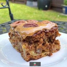 an old fashioned date, apple and walnut cake on a plate with the title overlay