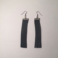 -Leather Fringe -Black -Sliver hook and closure  -Drop earring -3 inches long -Handmade -Made as in picture Elegant Black Leather Earrings, Party Leather Dangle Earrings, Black Leather Drop Earrings, Leather Dangle Jewelry For Party, Party Leather Dangle Jewelry, Silver Leather Dangle Earrings, Leather Fringe Earrings, Leather Fringe, Fringe Earrings