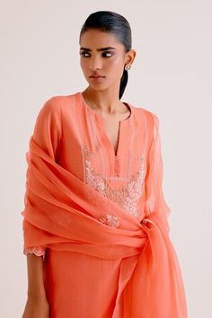 Orange silk chanderi kurta with floral thread embroidery. Paired with a pant and embroidered dupatta. - Aza Fashions Elegant Slub Silk Blouse Piece, Elegant Cutdana Kurta For Summer, Transitional Cutdana Kurta, Elegant Summer Chanderi Palazzo Set, Summer Kurta With Cutdana In Traditional Drape, Summer Cutdana Kurta With Traditional Drape, Elegant Cotton Silk Salwar Kameez For Summer, Elegant Summer Palazzo Set With Zari Work, Elegant Summer Cutdana Set