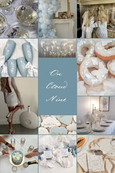 a collage of photos with white and blue items in them, including balloons, plates, silverware