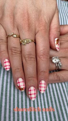 Red + white ginghams with 3D slugs Gingham Nail Art, Gingham Nails, Eco Friendly Nail Polish, London Nails, Nail Studio, Nail Art Inspiration, Gingham, Red And White, Nail Polish