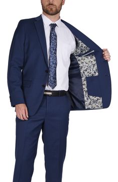 Crafted from a luxurious wool blend, this suit will have you looking sharp for your next special occasion. Jacket has notched lapels; four-button cuffs; chest pocket; flap pockets; interior pockets; side vents Trousers have zip fly with hook-and-bar closure; slant pockets; back button-welt pockets Jacket is lined; trousers are lined to the knee 52% wool, 45% polyester, 3% spandex Dry clean Imported Model stats: 6'1" height, 32" waist. Model is wearing size 40R. Flat Front Suits With Welt Pockets For Business Meetings, Single Breasted Three-piece Suit With Notch Lapel, Business Suit With Hidden Button Closure, Semi-formal Suit With Button Closure And Suit Collar, Semi-formal Slim Fit Single Breasted Suit Accessories, Semi-formal Three-piece Suit With Notch Lapel And Button Closure, Semi-formal Notch Lapel Suit With Welt Pockets, Tailored Single Button Suit, Tailored Single-button Suit In Suiting Fabric