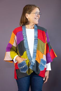 This vibrant cardigan boasts a unique patchwork knit design and features an upcycled denim neckband. Perfect for those who dare to be different. Please note: Denim colors will vary due to the upcycled nature of the product Suggested Sizes: 4-14 100% Cotton Machine wash cold, low tumble dry, do not bleach, low iron if needed Style: 5429 Kedem Sasson, Patchwork Knit, Rosé Sister, Tagua Jewelry, Dare To Be Different, Magnolia Pearl, Upcycled Denim, Co Design, Be Different