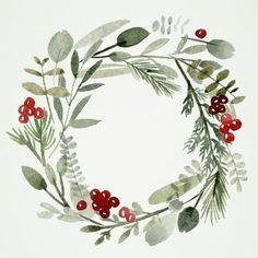 a watercolor painting of a wreath with red berries and green leaves