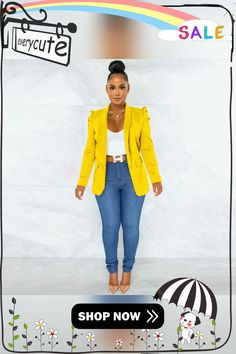 Solid Color Long Sleeve Office Lady Blazer Jackets Spring Yellow Blazer With Pockets, Casual Yellow Blazer For Work, Fitted Solid Color Blazer For Spring, Fitted Solid Color Spring Blazer, Trendy Fall Blazer For Day Out, Trendy Yellow Spring Blazer, Casual Solid Color Blazer For Spring, Trendy Long Sleeve Yellow Blazer, Solid Color Spring Outerwear For Work