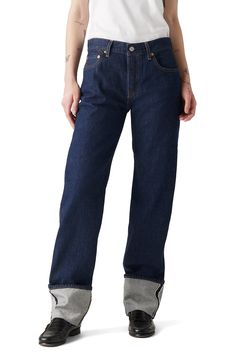 Like a vintage pair you've always dreamed of finding, these jeans feature relaxed, full-length straight legs with cuffs to show off the selvedge stitches. 16 1/2" leg opening; 11" front rise; 16" back rise (size 29x36) Button fly Five-pocket style 100% cotton Dry clean or machine wash, tumble dry Imported Levi's 501, Levis 501, Faux Leather Jackets, Fashion Stylist, Who What Wear, Levi's, Full Length, Straight Leg, Dry Clean