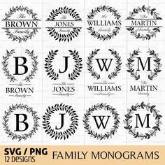 family monograms with the letters j, w, m, and d in black on