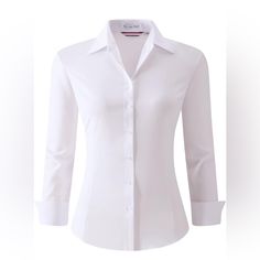 Fabric Type Poly/Cotton/Spandex Care Instructions Machine Wash Origin Imported Closure Type Button About This Item Materia: Our Button Down Shirts For Women Are Expertly Crafted From A High-Quality Polyester-Spandex Blend Fabric. This Fabric Offers Lightweight And Comfort, Ensuring A Pleasant Wearing Experience. Design: The Womens Shirt Features Classic Button Up Collar And Solid Color Design Exudes Simplicity, Making It A Go-To Option For Various Occasions. It Pairs Effortlessly With Skirts Or Fitted V-neck Shirt With Button Cuffs, White Office Lady Tops For Business Casual, White Buttoned Office Lady Blouse, White Buttoned Blouse For Office, White Office Lady Top With Button Closure, Slim Fit Collared Top With Button Closure, Office Wear Shirt With Button Closure, Slim Fit Tops With Button Closure And Collar, White Office Lady Tops With Buttons