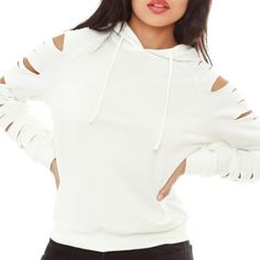 Trendy And Stylish Hoodie Sweatshirt With Cut-Out Sleeve Detail. -Soft And Stretchy Material - Fit Is True To Size -Drawstring Hoodie Trendy White Hoodie Top, Trendy White Stretch Hoodie, White Stretch Hoodie For Spring, Bubble Sleeve Top, Scoop Neck Bodysuit, Floral Peplum Top, Flattering Tops, Hem Sweater, Top Shirt Women