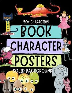 the book character posters are all in different colors and sizes, including an elephant, cat,