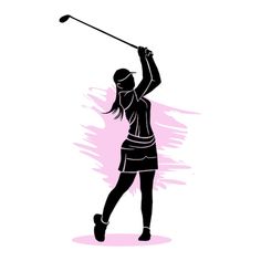 a woman playing golf in silhouette on a pink and black background with watercolor splashes