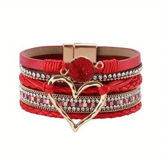 Exquisite Bohemian Multilayer Love Heart Charm Wrapped Bangle Bracelet Gift 19.4cm/7.63in Red Bracelets With Heart Beads, Red Heart Bracelet For Party, Trendy Red Heart-shaped Bracelet, Adjustable Red Heart Bracelet For Party, Red Heart Bracelets For Party, Heart-shaped Red Bracelets For Party, Bohemian Red Heart-shaped Bracelet, Red Heart-shaped Party Bracelets, Bohemian Bracelets With Heart Charm For Valentine's Day