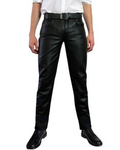 Description  for Men's & Boys 100% ✔ Genuine Lambskin Leather Motor Biker Trouser pants Straight Jeans Style Pant Slim Fit Fantastic figure Designer Mid Waist Straight Style  Pants and with a very Beautiful ♥ attractive look.Perfect for cocktail/ evening parties, nightclub, dance halls, proms, bar, club wear etc.(because Fashion always say look at this) Please confirm your required size after order via massage.  ★PLEASE NOTE : ALL SIZES ARE AVAILABLE AS PER  SIZE POSTED BELLOW  X-SMALL = SMALL = Fitted Leather Pants With Five Pockets, Fitted Biker Leather Pants With Belt Loops, Fitted Leather Bottoms With Hip Pockets, Black Leather Full-length Jeans, Fitted Leather Bottoms For Biker Events, Biker Style Straight Leg Bottoms With Pockets, Fitted Leather Jeans, Fitted Straight Leg Jeans For Biker Events, Biker Leather Pants Straight Leg