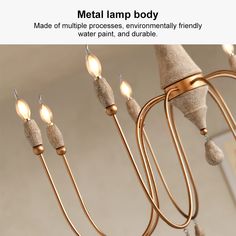 a chandelier with five lights hanging from it's sides and the words metal lamp body made of multiple process, environmentally friendly water paint, and durable