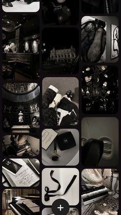 black and white collage with many different items