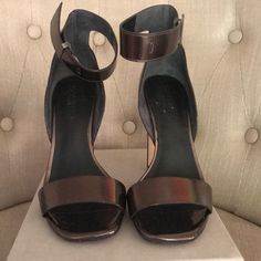 Halston Heritage Heel Only Wore Once In Good Condition. Elegant Metallic Sandals With Stacked Heel, Modern Brown Ankle Strap Heels, Modern Brown Sandals For Formal Occasions, Modern Brown Sandals For Evening, Modern Brown Heels For Evening, Modern Brown Evening Sandals, Halston Heritage, High Heel Shoes, Shoes Women Heels