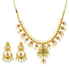 22K Yellow Gold Temple Guttapusalu Necklace Set W/ Emeralds, Rubies, CZ Gems, Pearls & Laxmi Pendant - Virani Jewelers Festive White Chandbali Temple Necklace, Festive White Temple Necklace With Latkans, Multicolor Cutdana Temple Necklace, White Temple Jewelry Necklace, Guttapusalu Necklace, 22k Gold Necklace, Diamond Necklace Set, Gold Bead Necklace, Pendant For Women