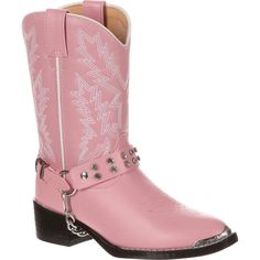 To sum these Durango® Kids' Western boots up in one word, all you would have to say is fabulous. Its pink upper looks so girly and has been crafted from a synthetic leather-like material, which makes it ease to keep clean. Then there are all the additional details that just make these kids' boots look ever so glamorous like: the fancy stitching, the decorative metal toe rand, the white piping that goes around the topline and down the sides and of course the rhinestone strap. There are even pull Durango Kid, Durango Boots, Pink Boots, Pink Bling, Western Boot, Pink Rhinestones, Kids Boots, Cowgirl Boots, Western Boots