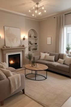 a living room filled with furniture and a fire place in the middle of the room