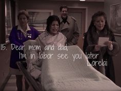 a group of people standing around a bed in a room with the words dear mom and dad, i'm in labor see you later lorelia