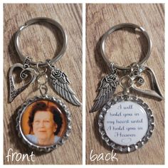 two pictures of the same person with their name on them, and one has an angel keychain