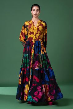 Multicolour tiered dress featuring floral vine prints. - Aza Fashions Tier Dress, Floral Vine, Tiered Dress, Mandarin Collar, Dress For Women, V Neck Dress, Xl Dress, Dress Pattern, Aza Fashion