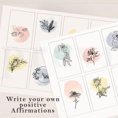 four different cards with flowers on them and the words write your own positive affirmationss