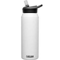 a white camelbak water bottle with a black lid and straw sticking out of it