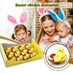 two girls and one boy are wearing bunny ears with little chicks in front of them