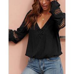 Black V Neck Crochet Hollow-out Blouse Chic V-neck Crochet Top For Fall, Chic Long Sleeve Hollow Out Tops, Chic Crochet V-neck Top For Fall, Black V-neck Crochet Top For Spring, Fitted Black V-neck Crochet Top, Fitted Black Crochet V-neck Top, Chic Black Crochet Long Sleeve Top, Casual Black Hollow Out Top, Black Long Sleeve Crochet Top For Summer