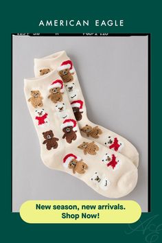 Made from a soft fabric blend/Ribbed cuff/Allover teddy bear pattern Teddy Bear Pattern, Bear Pattern, Crew Socks, Soft Fabric, Women's Jeans, Soft Fabrics, American Eagle Outfitters, American Eagle, Teddy Bear