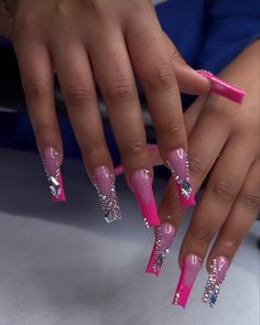 Pink Exotic Nails, Pink Birthday Nail Ideas, Pink Acrylic Birthday Nails, Pink Extra Birthday Nails, Long Nails Acrylic, Pink Freestyle Acrylic Nails, Birthday Pink Nails, Pink Nails Black Women, Pink Freestyle Nails