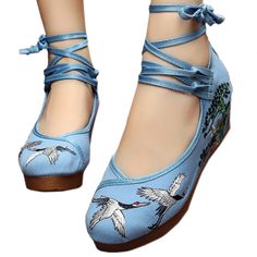 Embroidered Shoes, Strappy Wedges, Shoes Blue, Prom Shoes, Girls Party, Party Shoes, Beijing, Womens Fashion Casual, Wedding Shoes