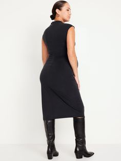 high mock neck sleeveless shirred sides for flexible fit fitted through body hits below knee model is approximately 5'9" and wears a size M (8)