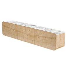 a white marble and wood bench on a white background with no people in the photo