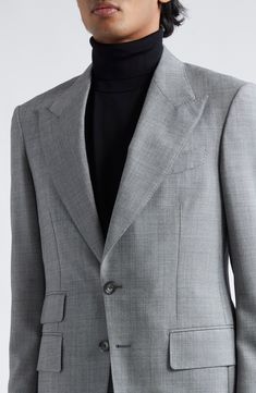 The label's impeccable tailoring shines on this two-piece suit crafted of visually textured sharkskin woven from a blend of wool, mohair and silk. Jacket has two-button closure; peaked lapels; five-button cuffs; chest welt pocket, front flap pockets, ticket pocket; back vent Pants have zip fly with button closure; adjustable waist; front slant pockets; back button-welt pockets Cupro/silk lining 73% wool, 21% mohair, 6% silk Dry clean Made in Italy Designer Clothing Designer Single Breasted Suit With Notch Lapel, Designer Tailored Suits With Suit Collar, Designer Notch Lapel Suits For Office, Designer Single Breasted Wool Suit, Designer Single Breasted Formal Suits, Designer Single Breasted Suit For Formal Occasions, Designer Single-breasted Formal Suit, Wool Suit With Notch Lapel And Structured Boning, Designer Business Suits With Suit Collar