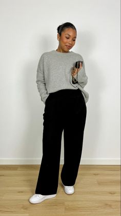 Wide Leg Pant And Sweater Outfit, 2023 Trouser Outfits, Wide Leg Pants Outfits Plus Size, Midsize Black Pants Outfit, Highpoint Market Outfit, Wide Pants Black Outfit, Trousers Midsize Outfit, Black Business Casual Pants, Trousers And Sneakers Women