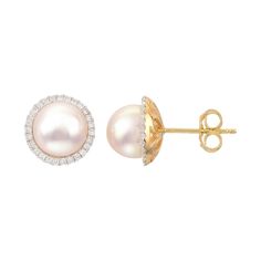 Beautifully adorned with Akoya cultured pearls and round-cut diamonds, these PearLustre by Imperial halo stud earrings offer a timeless look you'll love. Beautifully adorned with Akoya cultured pearls and round-cut diamonds, these PearLustre by Imperial halo stud earrings offer a timeless look you'll love. Diameter: 10.4 mm Backings: post Metal: 14k gold Plating: rhodium Finish: polished Packaging: boxed CULTURED PEARL DETAILS Type: Akoya Size: 8 mm - 8.5 mm Shape: round Color: white DIAMOND DET Diamond White Pearl Earrings With Pave Setting, Formal Fine Jewelry Pearl Earrings With Pave Setting, Elegant Round Halo Bridal Earrings, Formal Pearl Earrings With Pave Setting, Elegant Bridal Earrings With Halo Detail, Timeless Diamond Pearl Earrings, Yellow Gold Round Diamond Earrings With Pearl Drop, Fine Jewelry White Gold Pearl Earrings With Pave Setting, Wedding Pearl Earrings With Diamond Pave Setting