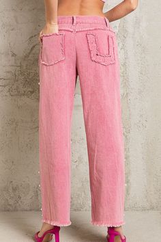 Pearl beaded distressed denim twill pants in peony flower pink Make a fashion statement in the Pearl Designs Pink Denim Jeans! They are peony flower pink denim twill with raw edges, and a five pocket design - plus a stylish surprise with beaded white pearls scattered all over the front. With the straight leg fit, these babies will look great on any body type! So cute with heels or sneakers. True to size Model is wearing a small Fabric contains no stretch Button and zipper fly 5 Pocket design wit Pearl Jeans, Beaded Denim, Pink Denim, Dressy Pants, Vintage Couture, Pearl Design, Twill Pants, Clothing Logo, Midi Maxi Dress