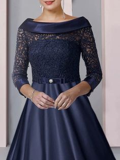 DingjiA-Line Mother of the Bride Dress Formal Wedding Guest Party Elegant Scoop Neck Tea Length Satin Lace 3/4 Length Sleeve with Bow(s) Pleats Appliques Dress Formal Wedding Guest, Mommy Dress, Formal Wedding Guests, Mother Of Groom Dresses, Fall Wedding Dresses, Mother Of The Bride Dress, Dress Formal, Tea Length