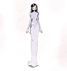 a drawing of a woman in a white dress with black hair and make - up