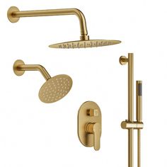 the shower faucet and hand shower head are shown in polished brass, which is also available with an overhead sprayer