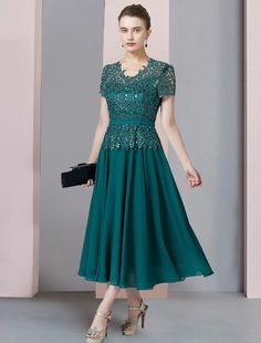 Two Piece A-Line Mother of the Bride Dress Formal Wedding Guest Elegant V Neck Tea Length Chiffon Lace Short Sleeve Wrap Included with Sequin Appliques Chiffon Evening Dress With Short Sleeves For Wedding, Formal Short Sleeve Chiffon Mother Of The Bride Dress, Short Sleeve Chiffon Dress For Wedding, Chiffon Short Sleeve Dress For Mother Of The Bride, Chiffon Wedding Dress With Short Sleeves, Green Chiffon Mother Of The Bride Dress For Wedding, Fitted Green Chiffon Dress For Wedding, Green Chiffon Wedding Dress, Short Sleeve Georgette Wedding Dress