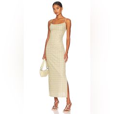 94% Polyester, 6% Lycra Fully Lined Adjustable Shoulder Straps Hidden Side Zipper Closure Fabric Mesh Overlay With Plaid Design Throughout In Baby Plaid Limon Sold Out On Revolve New Without Tag Mesh Overlay, Green Midi Dress, Plaid Design, Shoulder Straps, Side Zipper, Midi Dress, Plaid, Mesh, Size Medium